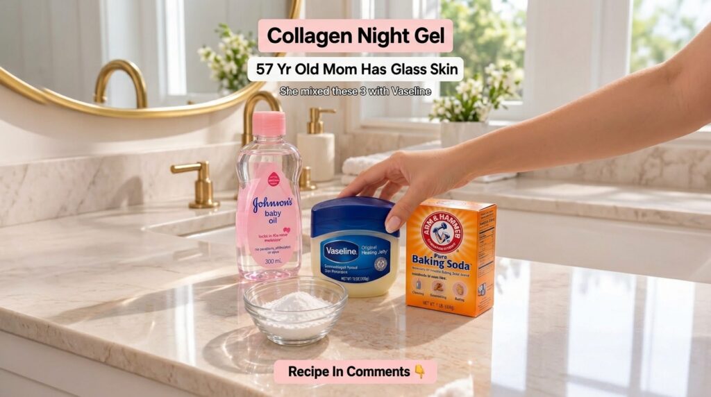 A close-up of a bathroom counter featuring Vaseline Johnson s baby oil and Arm Hammer Pure Baking Soda with a female han