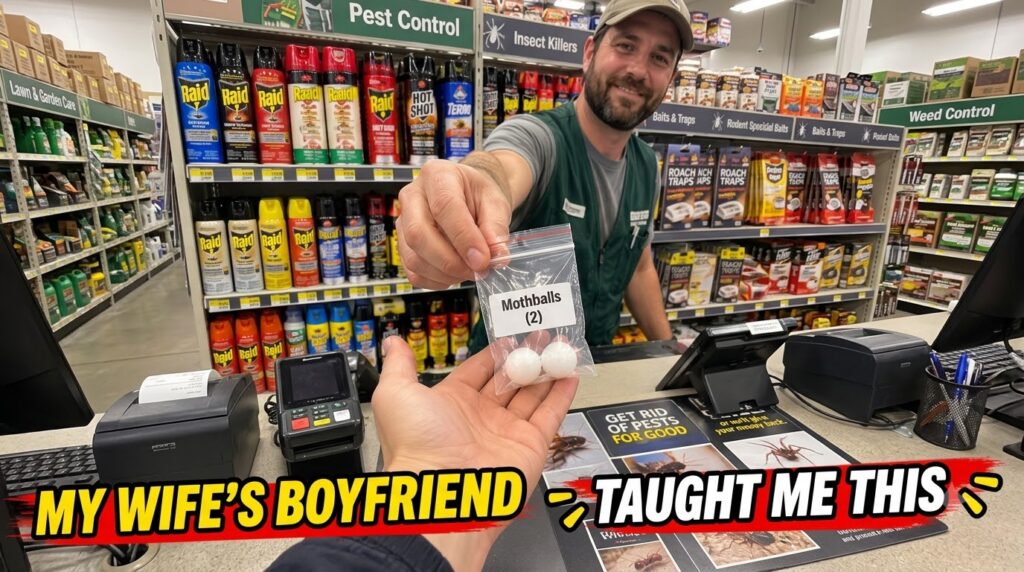 A smiling store employee in a green vest offers a small plastic bag labeled Mothballs 2 to a person s hand Shelves with