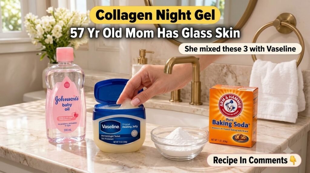 A hand opening a jar of Vaseline surrounded by other beauty items like baby oil a bowl of white powder representing coll