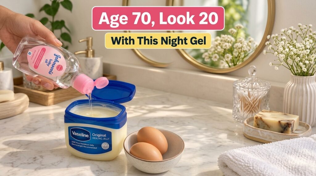 A hand pouring Johnson s baby oil into a tub of Vaseline on a bathroom counter with eggs and baby s breath flowers