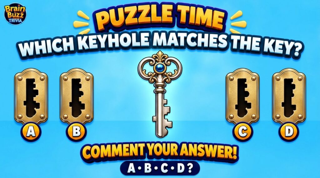 A brightly colored cartoonish puzzle featuring an ornate silver and gold key with a blue jewel at the top and four golde