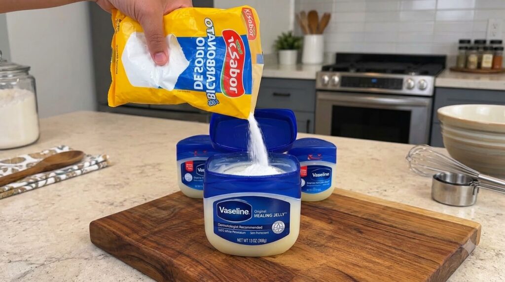 A close-up of a hand pouring white baking soda powder from a yellow bag into an open blue tub of Vaseline Original Heali