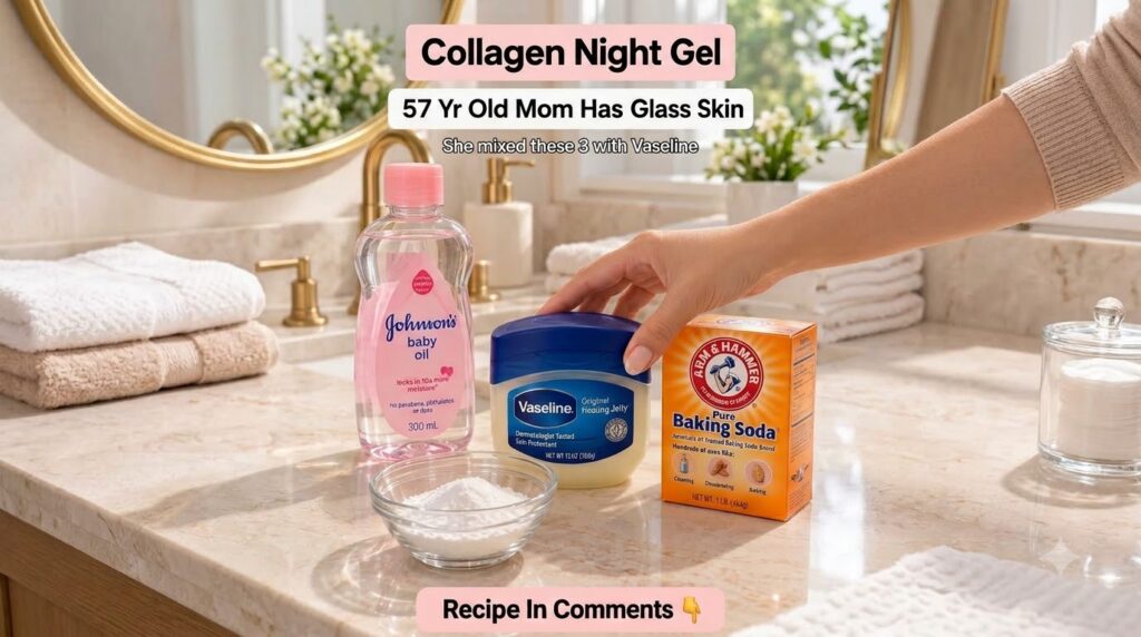A serene bathroom counter setup featuring Vaseline Johnson s Baby Oil Arm Hammer Baking Soda and a bowl of white powder 
