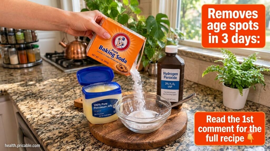A close-up overhead shot of a hand pouring white baking soda from a box into a clear glass bowl with a spoon Also visibl