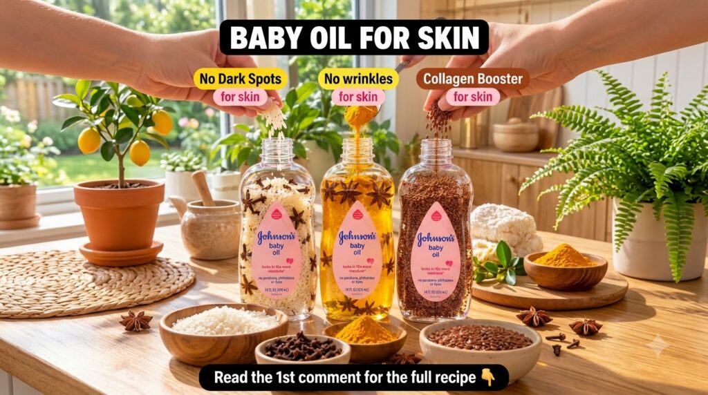 Three clear bottles of baby oil being infused with rice turmeric and flax seeds Hands are pouring ingredients into the b