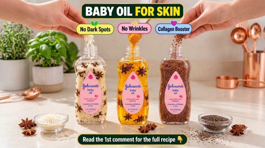 Three clear bottles of Johnson s baby oil each infused with natural ingredients rice turmeric powder and flaxseeds Hands