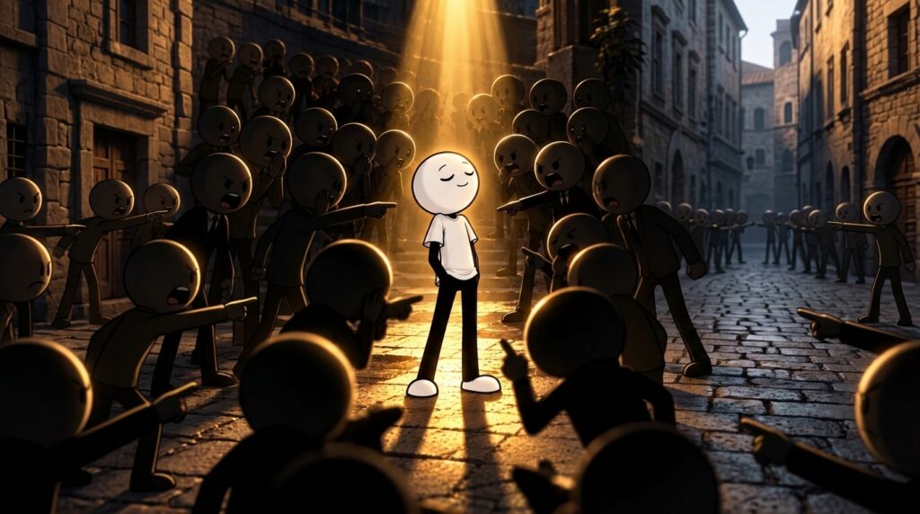 A central calm stick figure bathed in a golden spotlight eyes closed standing confidently amidst a large crowd of darker