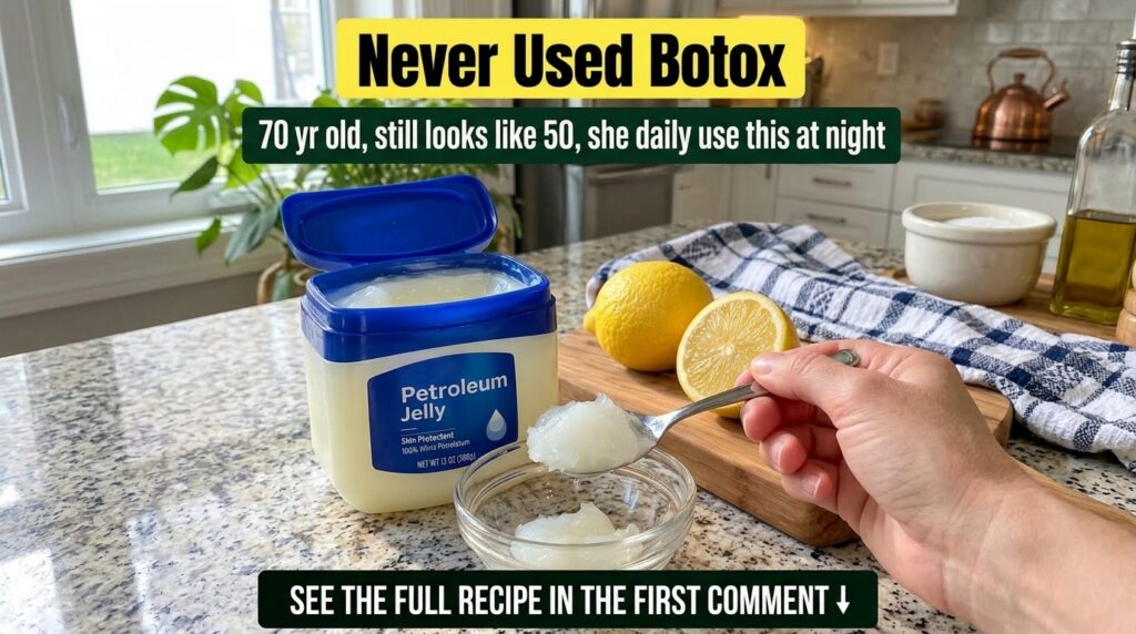 An open tub of petroleum jelly with a spoon a small glass bowl of jelly whole and half lemons on a wooden cutting board 