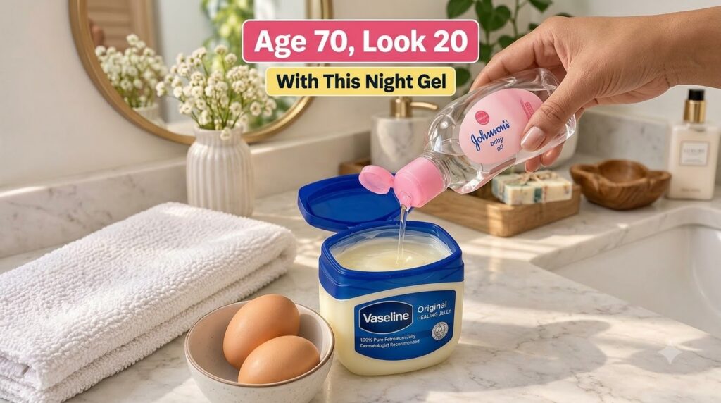 A hand pouring Johnson s baby oil into a tub of Vaseline with two eggs in a bowl nearby set in a clean bathroom