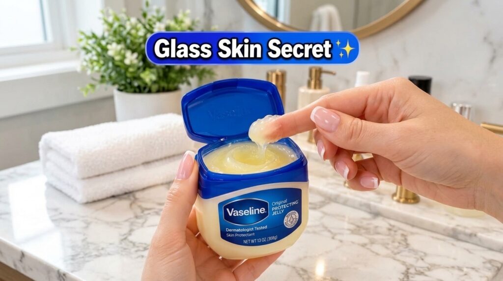 A close-up of a hand holding an open jar of Vaseline with a finger pulling out a string of the jelly featuring a Glass S