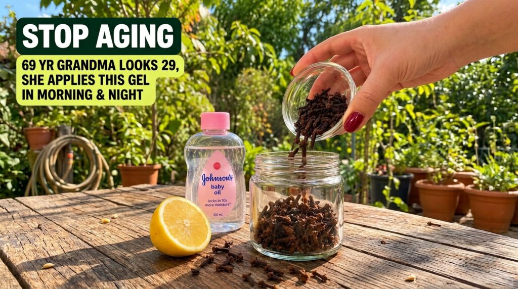 A hand pouring whole cloves from a small glass bowl into a larger glass jar with a bottle of baby oil and a halved lemon