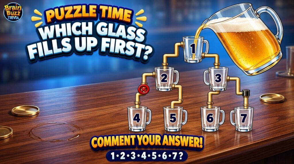 A vibrant puzzle asking Which glass fills up first A pitcher is pouring a golden liquid into a complex system of golden 