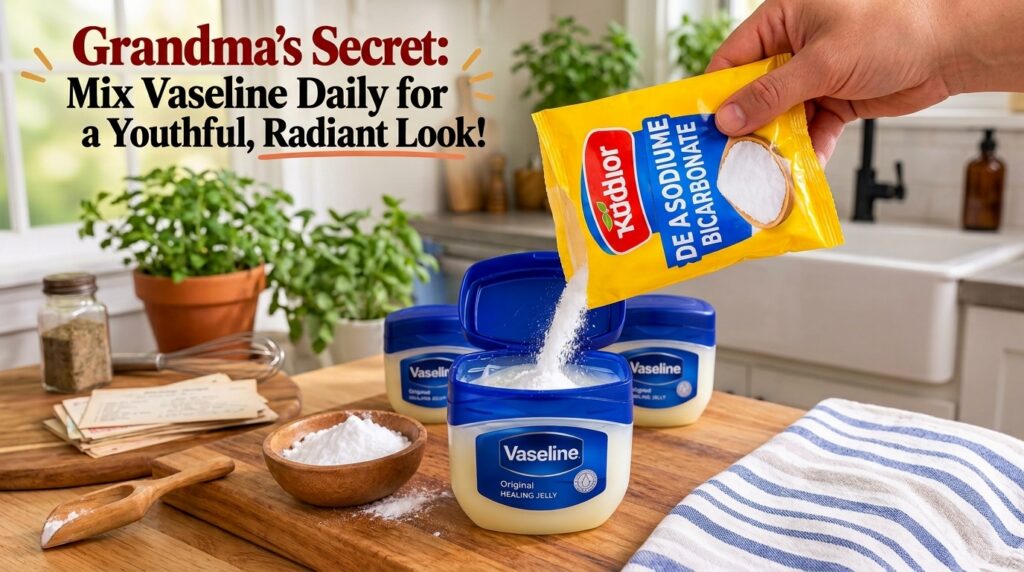 Hand pouring white powder baking soda from a yellow package into an open jar of Vaseline with other Vaseline jars and po