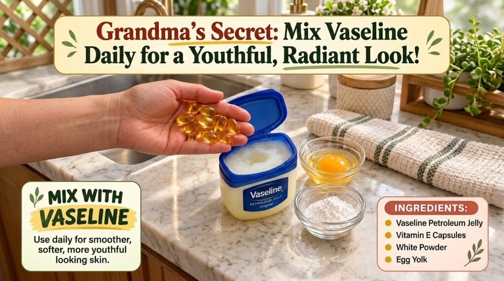 A hand holding vitamin E capsules above an open tub of Vaseline with a bowl of egg yolk and white powder nearby in a kit