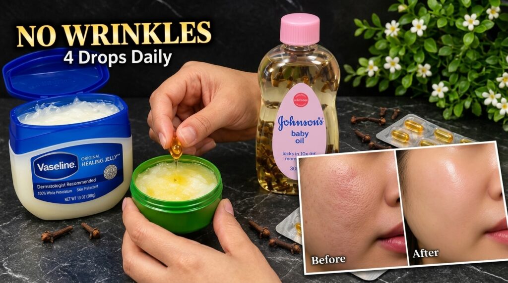 A split image showing on top a DIY mix of Vaseline baby oil and a capsule being prepared in a green container with hands