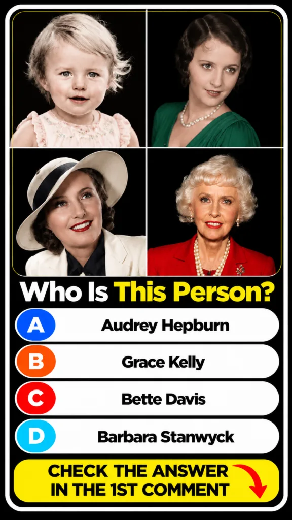 A vertical quiz layout featuring four portraits of the same woman Barbara Stanwyck at different life stages arranged in