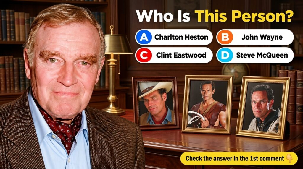 A vertical quiz graphic featuring a large headshot of an older Charlton Heston at the top three smaller square portraits