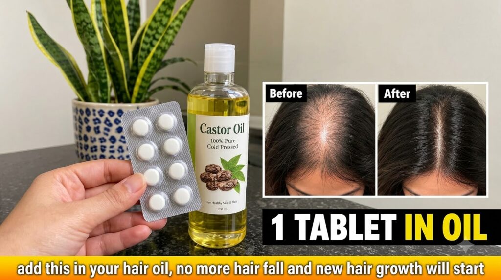 A castor oil bottle next to a hand holding a blister pack of biotin pills with a snake plant in the background Inset Bef