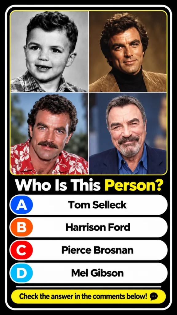 A four-panel collage depicting Tom Selleck at different stages of his life from childhood to older age as part of a Who