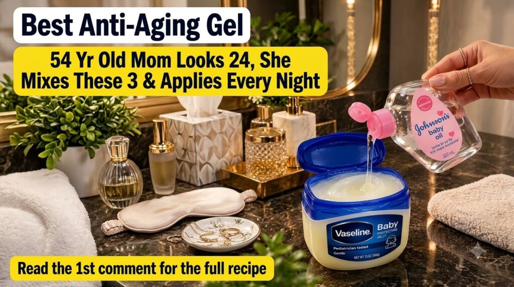 A hand pouring Johnson s baby oil into an open tub of Vaseline Baby Protecting Jelly on a dark reflective bathroom count