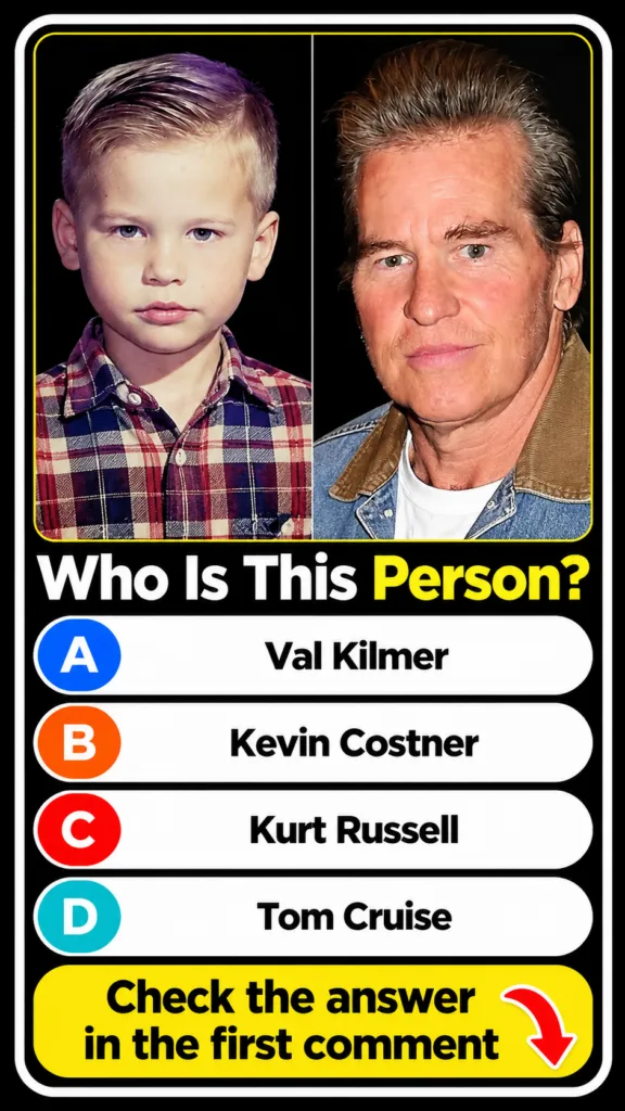 A quiz graphic featuring a young Val Kilmer with blonde hair and a plaid shirt on the left and an older Val Kilmer with