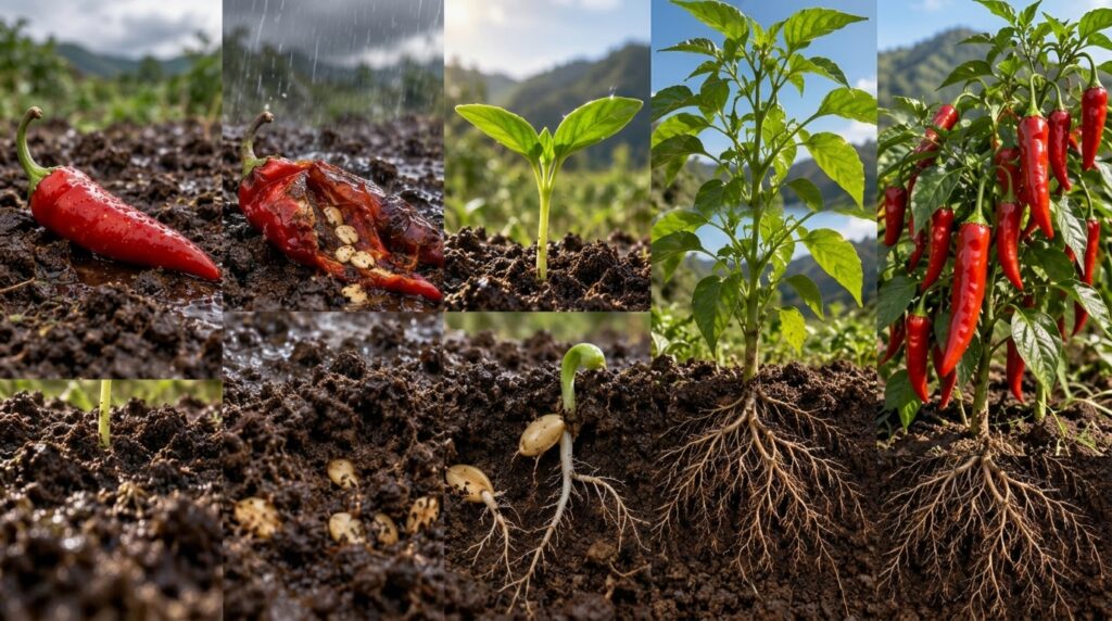 A 3x3 grid illustrating the life cycle of a chili pepper plant showing stages from seed to mature fruiting plant