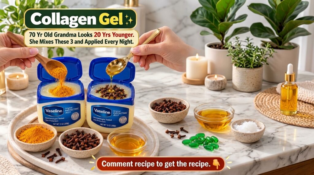 Hands preparing DIY collagen gel with Vaseline turmeric and cloves on a tray with natural ingredients