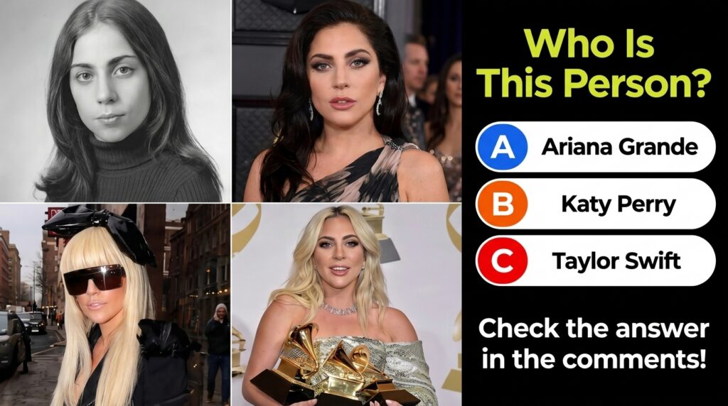 A vertical collage of four portraits of Lady Gaga youthful natural look glamorous dark-haired bold blonde street style w