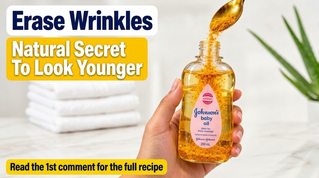 A hand holding a bottle of Johnson s baby oil with a golden spoon pouring yellow turmeric powder into it The oil already