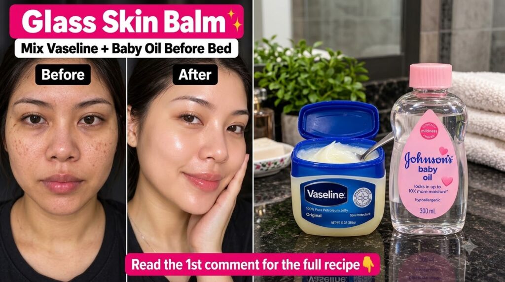 Split-screen showing a Before and After of a woman s face with the After side having radiant glass-like skin Below a bot