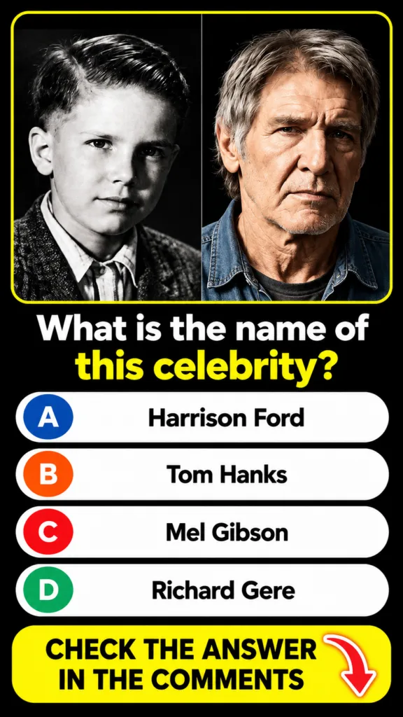 A celebrity quiz image showing a black-and-white portrait of a young boy and a color portrait of an older man with the q