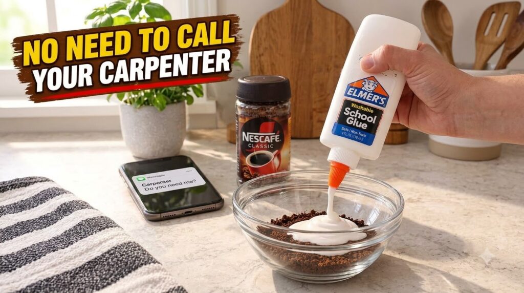 A hand pouring white school glue into a glass bowl filled with instant coffee granules A smartphone displaying a text me