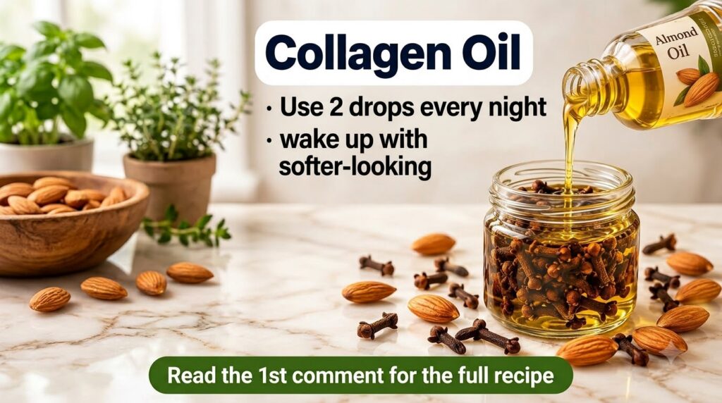 A glass jar filled with cloves and oil with almond oil being poured into it from a branded bottle Loose almonds and clov