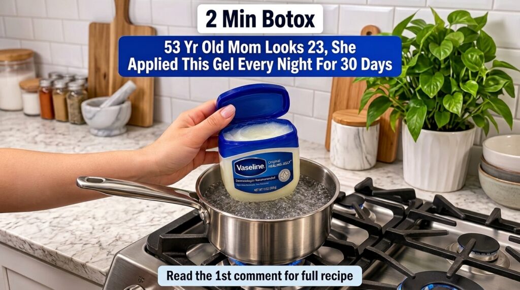 A hand holding an open tub of Vaseline Healing Jelly partially submerged in a pot of boiling water on a gas stove with a