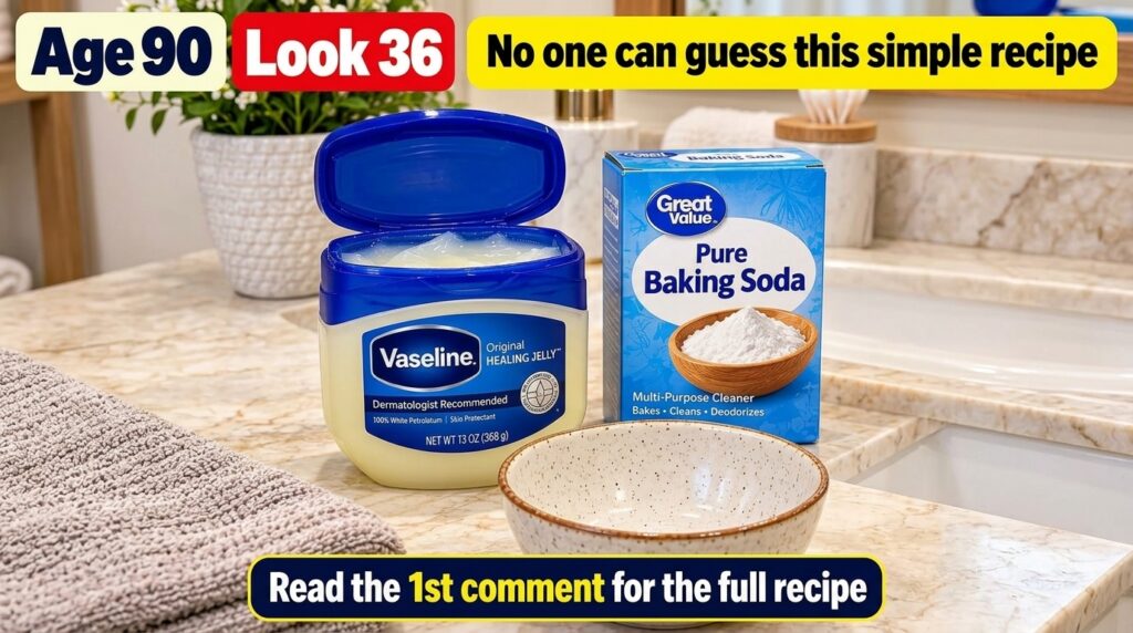 An open jar of Vaseline a box of baking soda an empty speckled mixing bowl and a folded beige towel on a marble bathroom