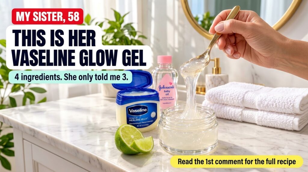 Ingredients for the glow gel Vaseline baby oil and lime with the gel itself in a jar and a spoon lifting some of the gel