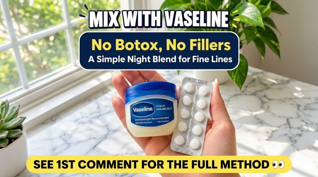 A hand holding a small tub of Vaseline Original Healing Jelly and a blister pack of white pills likely Vitamin E capsule