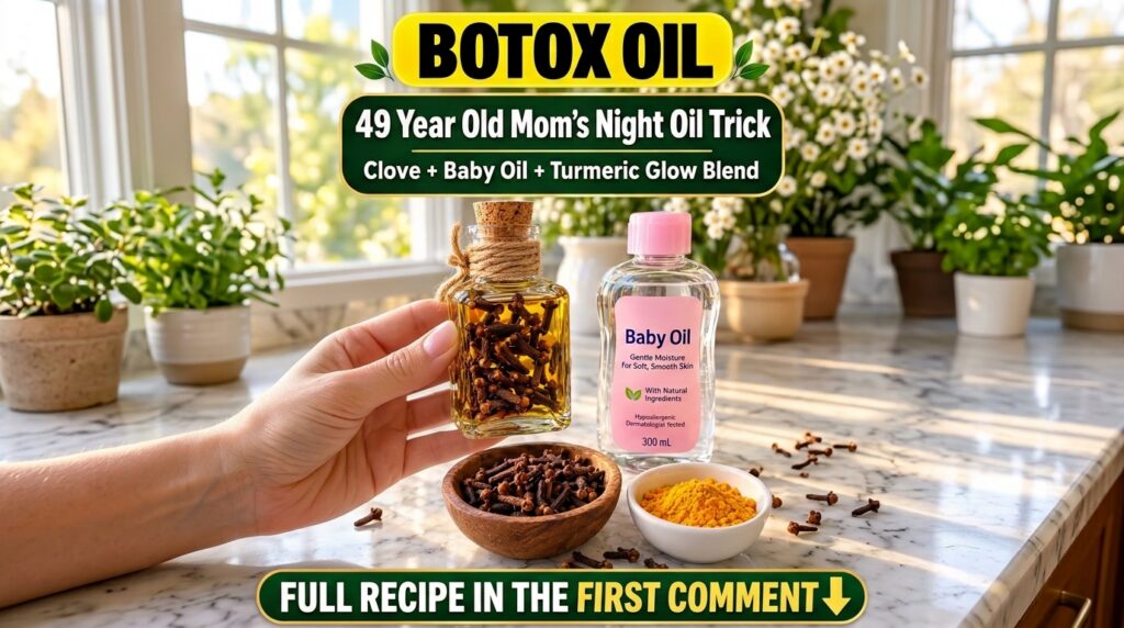 A collection of ingredients for a homemade beauty recipe including a glass bottle of oil and cloves held by a hand a lar