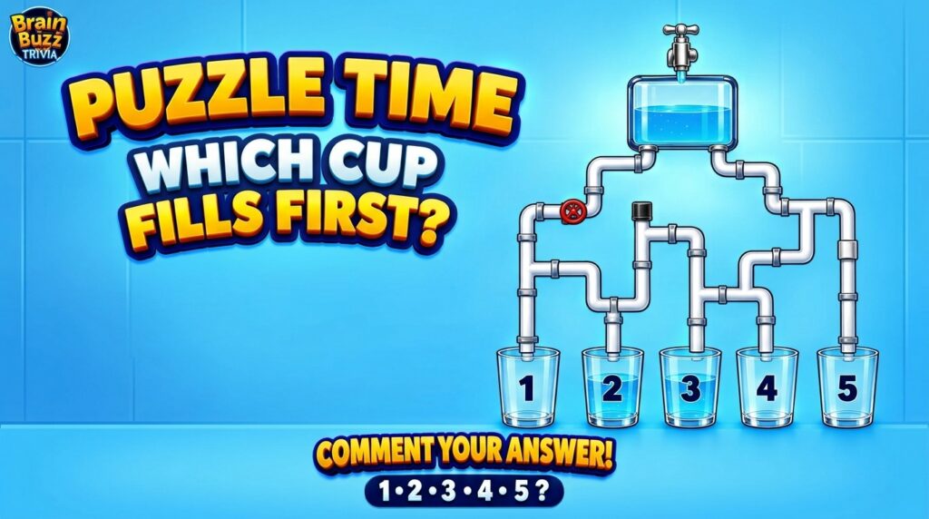 A cartoon-style logic puzzle showing a tap pouring water into a complex system of white pipes leading to five numbered c