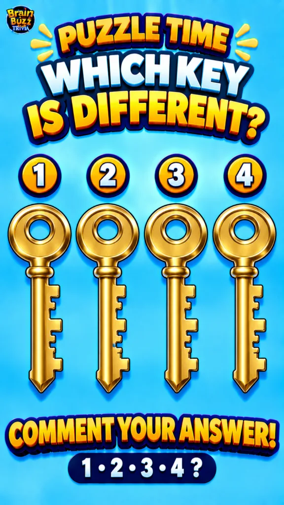 A visual puzzle featuring four shiny golden keys numbered 1 through 4 against a bright blue background with the question