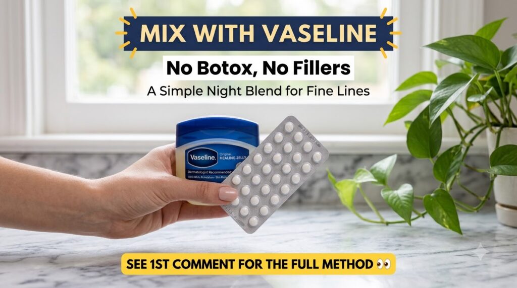 A person s hands holding a small jar of Vaseline Original Healing Jelly and a blister pack of eight white pills with a b