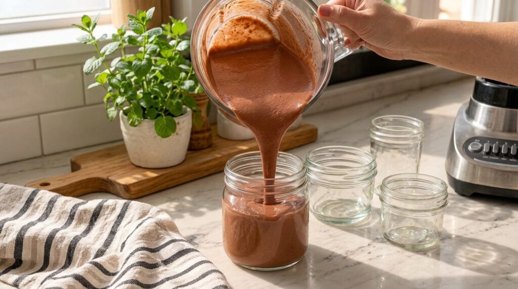 A rich frothy brown liquid being poured from a glass blender jar into a clear glass jar already partially filled set in