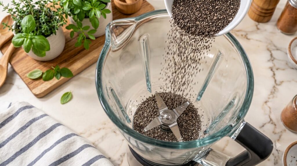 Chia seeds being poured from a white bowl into a glass blender with a visible accumulation of seeds at the bottom where