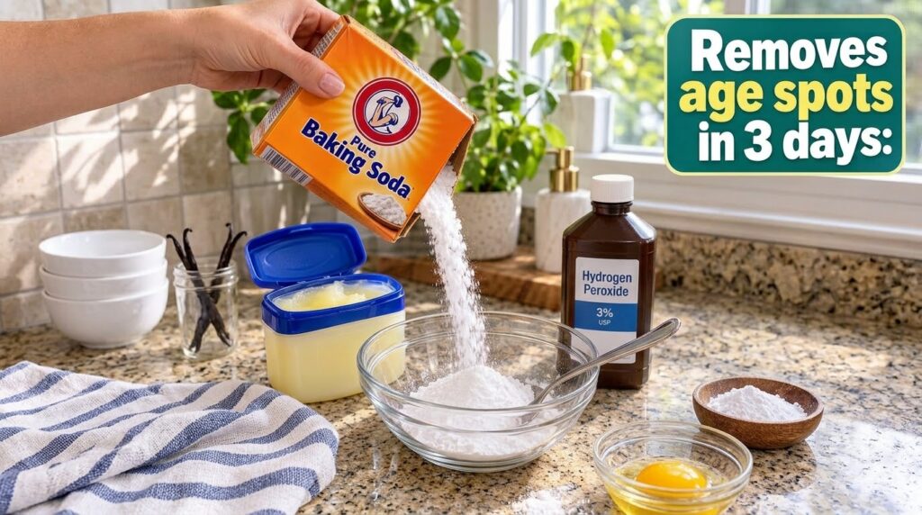 A close-up of a bowl of baking soda with a measuring spoon surrounded by other common vegan baking ingredients like flou