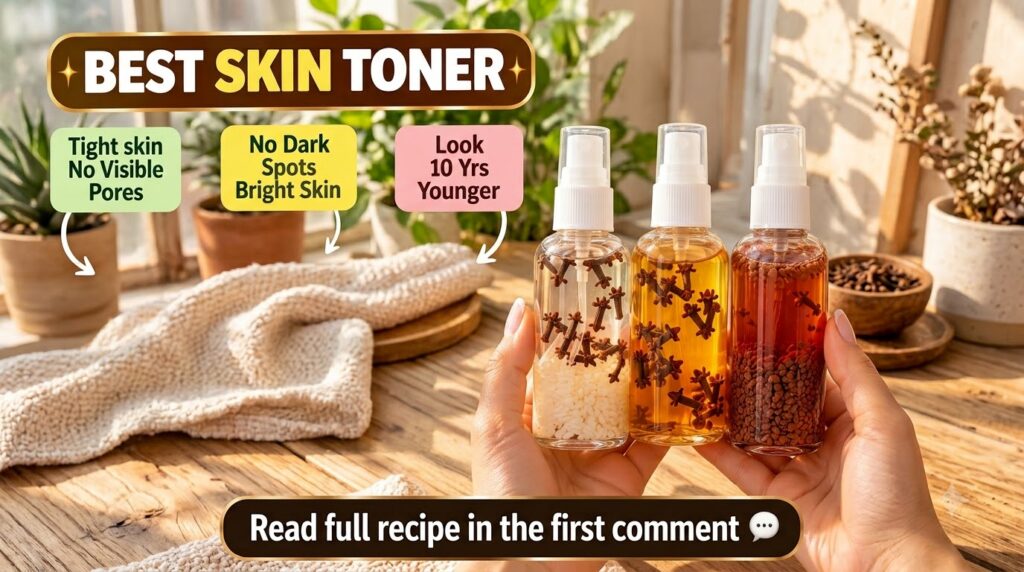 Three clear spray bottles labeled BEST SKIN TONER with natural ingredients like cloves rice and coffee beans held by han