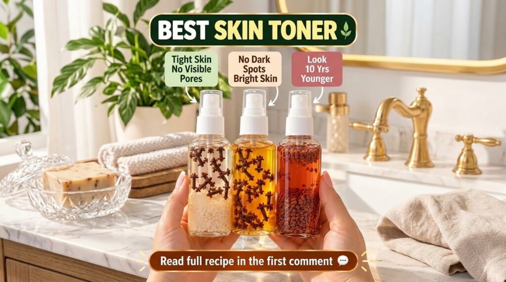 Three clear glass spray bottles filled with natural toners held by hands against a soft green background highlighting in