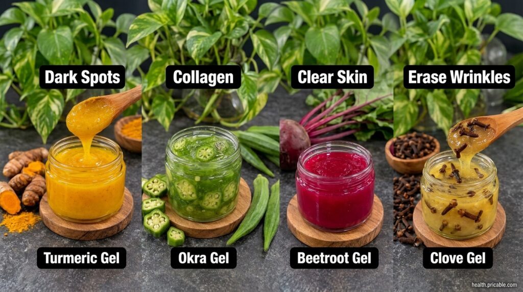 A collection of small glass jars filled with different colorful homemade beauty gels such as yellow turmeric gel green o