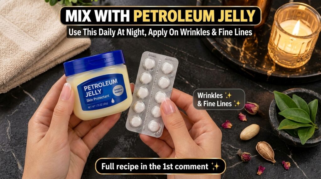 Two hands holding a jar of petroleum jelly and a blister pack of Vitamin E pills on a dark surface with green foliage an