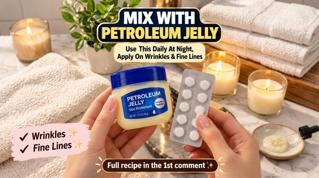 Hands holding a jar of Vaseline and a blister pack of Vitamin E capsules in a warm spa-like setting