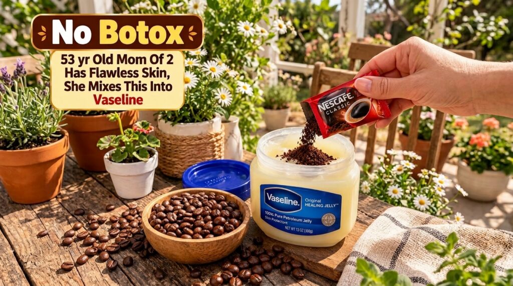 A hand pouring instant coffee granules from a sachet into a jar of Vaseline on a wooden surface with scattered coffee be